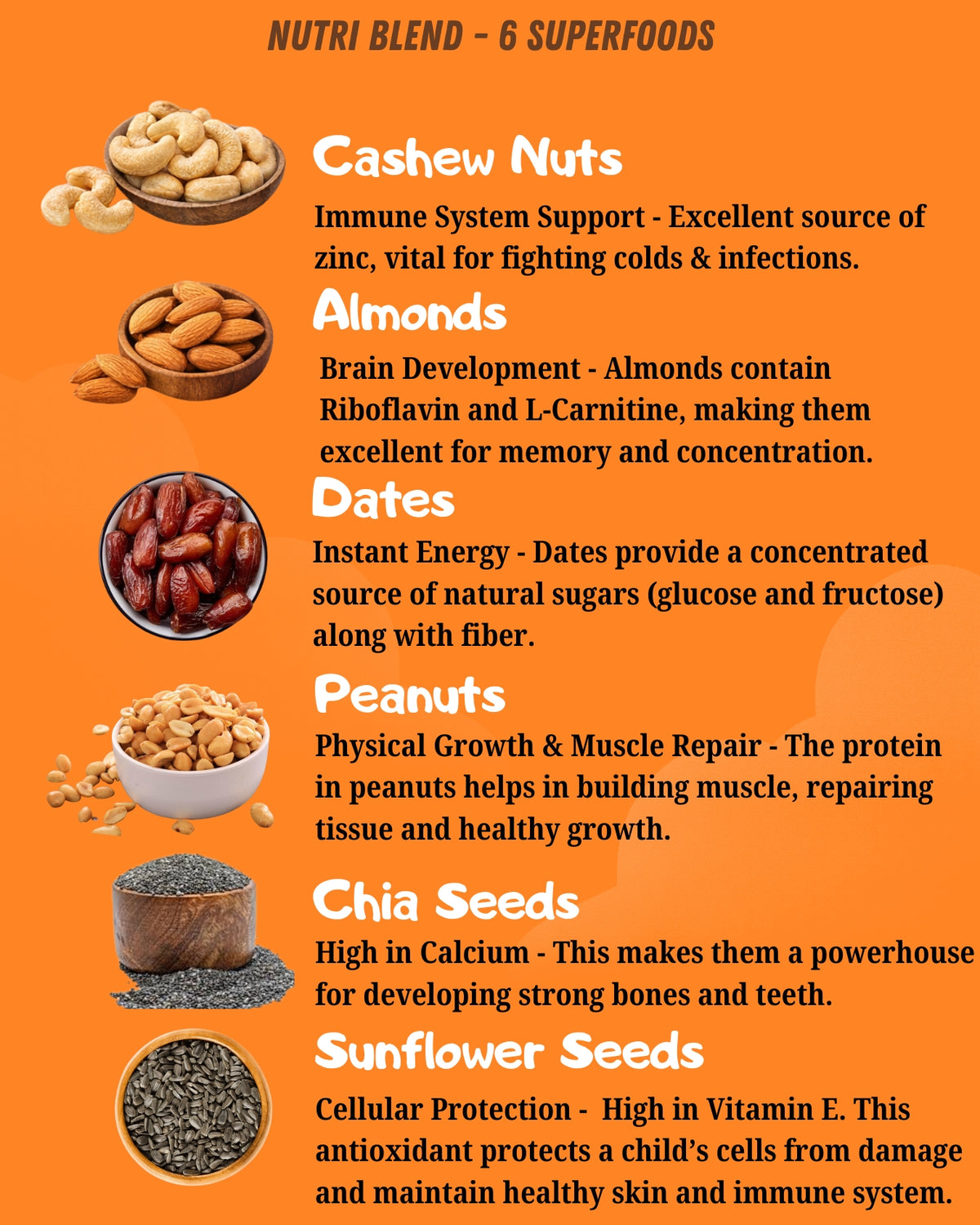 Nutri blend with superfoods like cashew nuts, almonds, dates, peanuts, chia seeds, and sunflower seeds.