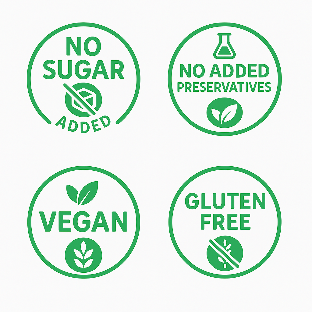 four green certification labels for no sugar added, no added preservatives, vegan, and gluten free on a white background.