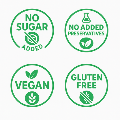 four green certification labels for no sugar added, no added preservatives, vegan, and gluten free on a white background.