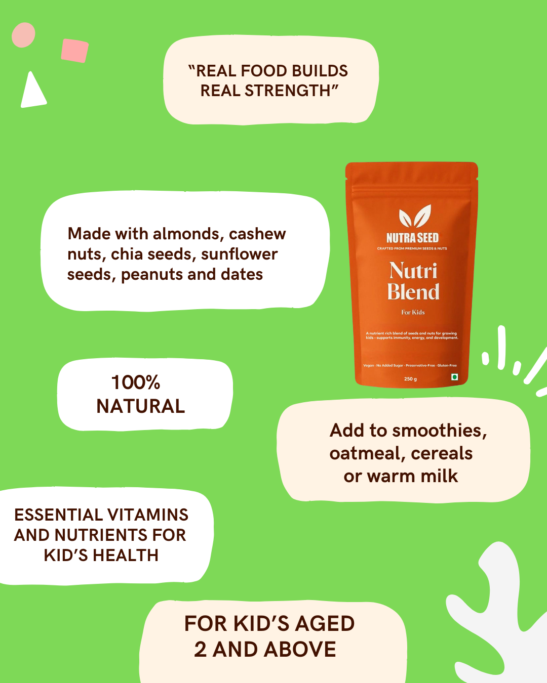 Nutra Seed Nutri Blend packaging on a green background with text about its ingredients and uses.