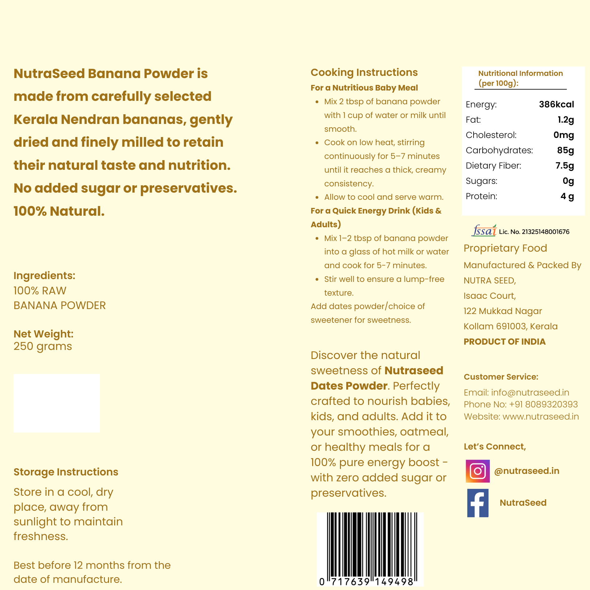 NutraSeed Banana Powder packaging with text on a yellow background