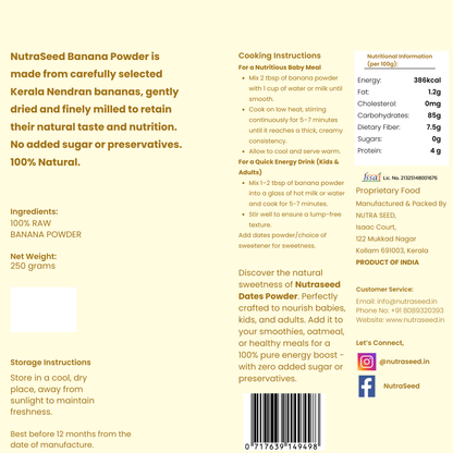 NutraSeed Banana Powder packaging with text on a yellow background