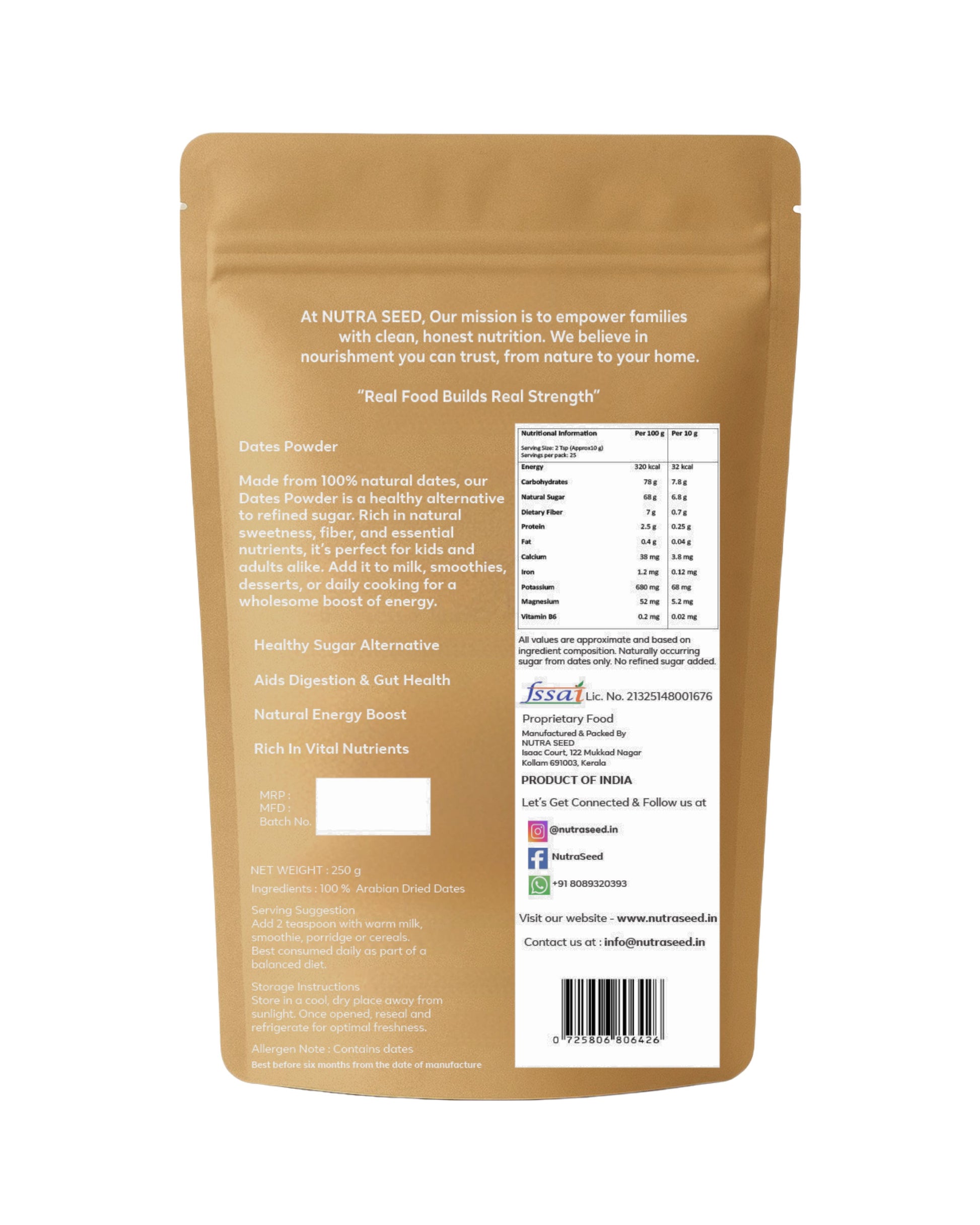 Nutra Seed dates powder package with text and branding on a white background