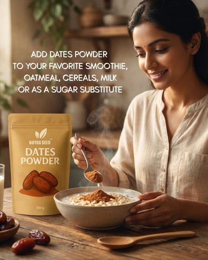 Woman adding Nutra Seed Dates Powder to a bowl of oatmeal with text on dates powder usage.
