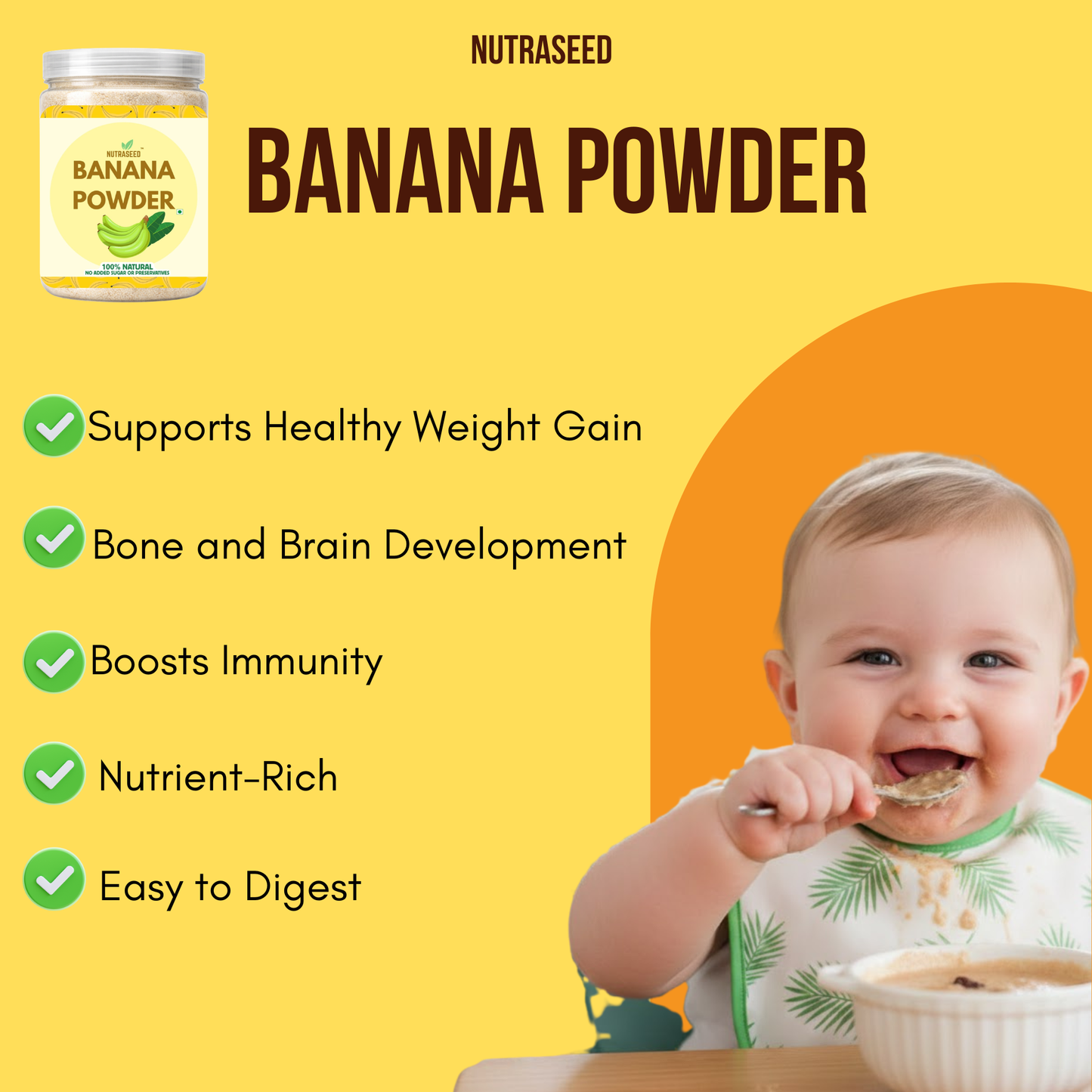 Nutraseed Banana Powder advertisement with a baby eating and text about benefits
