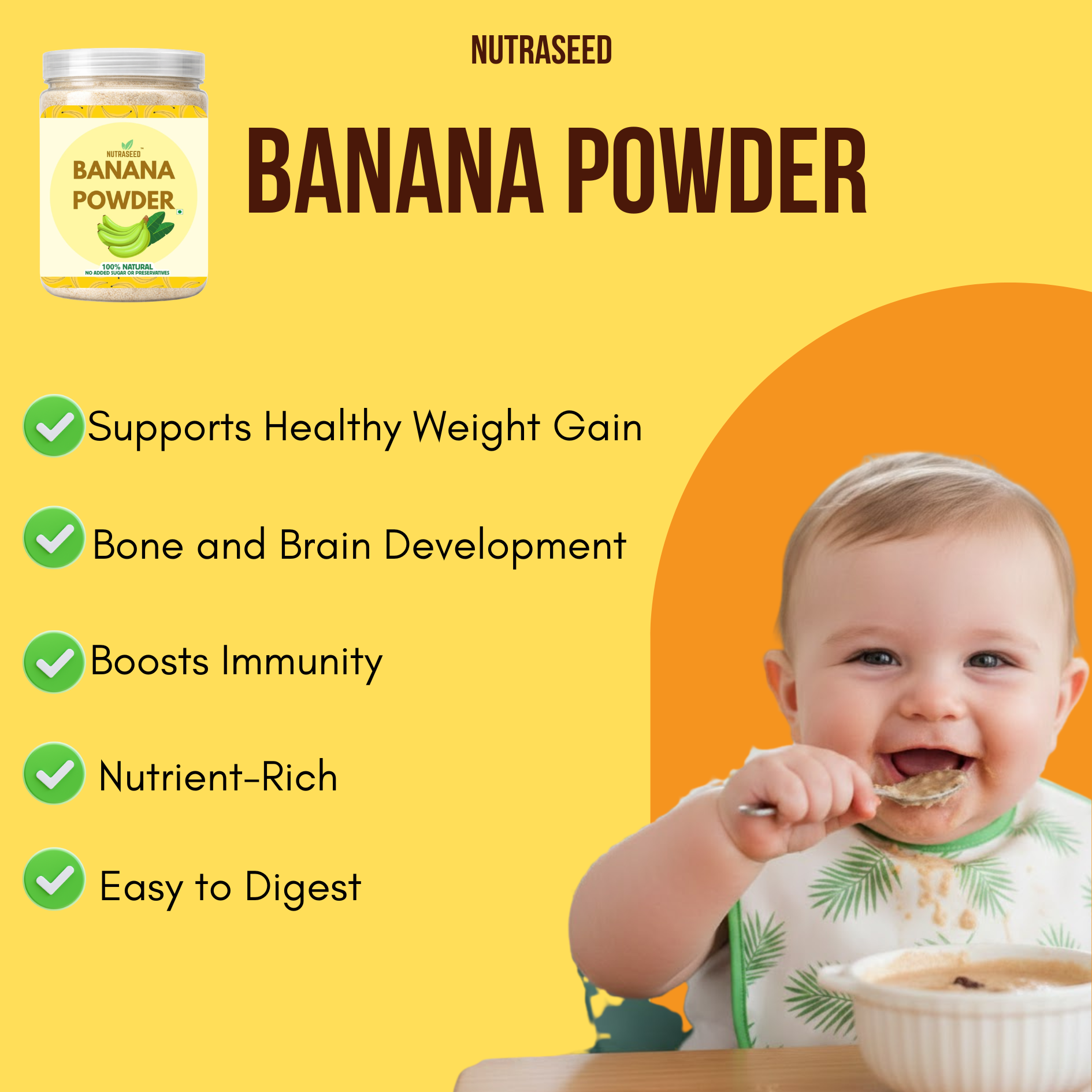 Nutraseed Banana Powder advertisement with a baby eating and text about benefits