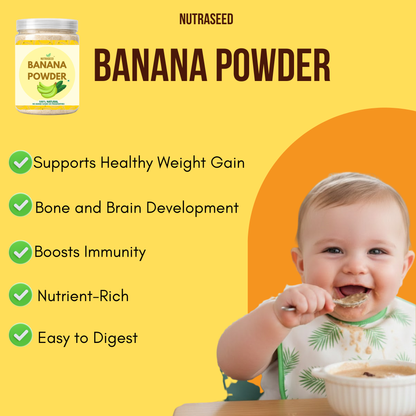Nutraseed Banana Powder advertisement with a baby eating and text about benefits
