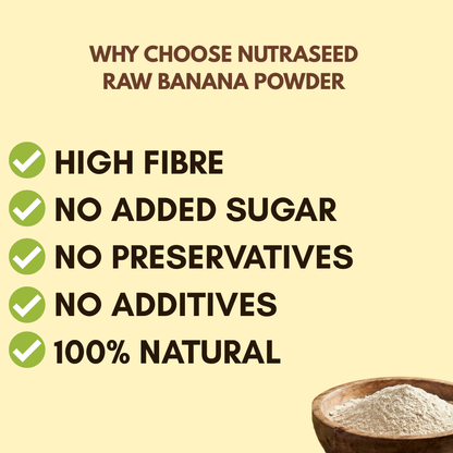 Nutraseed raw banana powder highlighting benefits like high fibre, no added sugar, and 100% natural.
