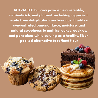 Baked goods including a muffin, cookie, and pancakes with Nutraseed Banana powder 